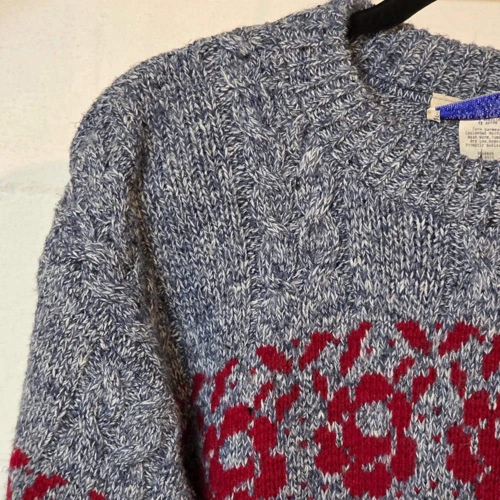 Vintage Cable Knit Fair Isle Sweater Blue Red Floral Navy‎ Leaf Pattern Unisex M